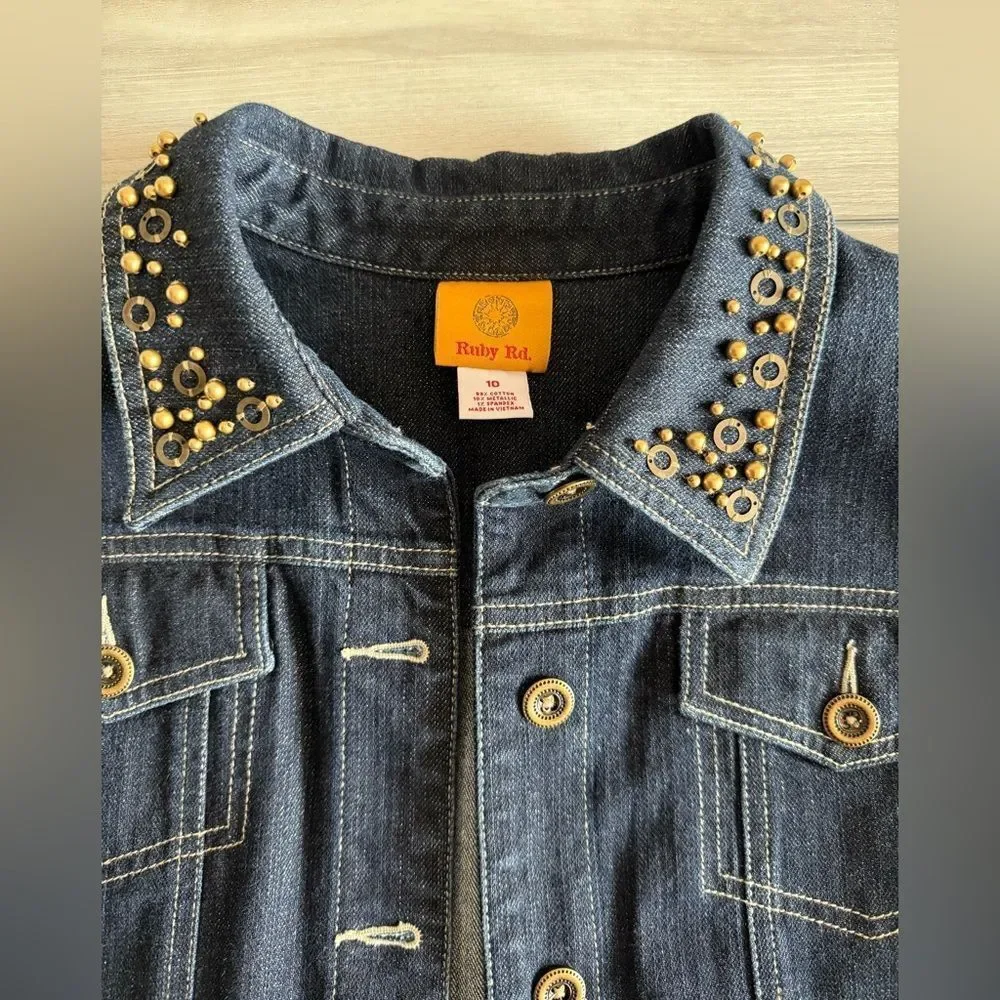 Ruby Rd. Bronze Studded Denim Jacket Blue Size 10 EUC